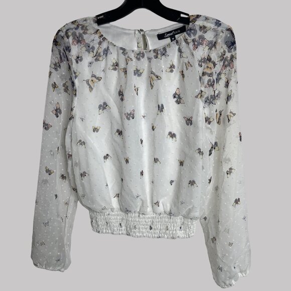 Sweet‎ Rain Womens M White Lined Butterfly Print Smocked Waist Sheer Sleeves Top - Picture 1 of 13